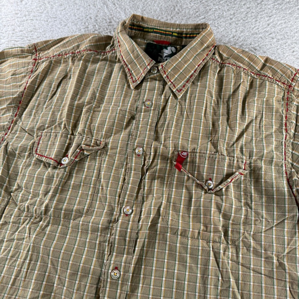 Vintage Y2K Mecca Shirt Mens XL Tan Beige Short Sleeve Button Up Hip Hop Stripe